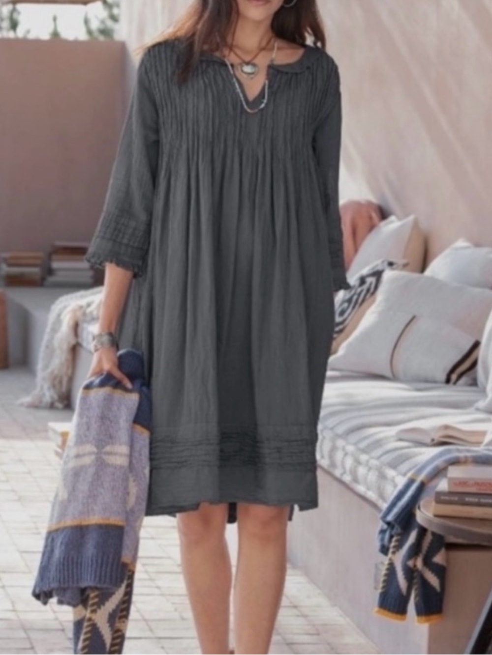JP and Mattie Boho Smocked V-Neck Tunic Dress in Grey/Blue — 100% Cotton